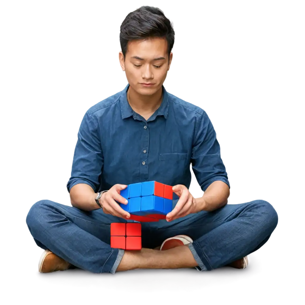 illustration man sitting like The Buddha replace his head with large red and blue rubik cube