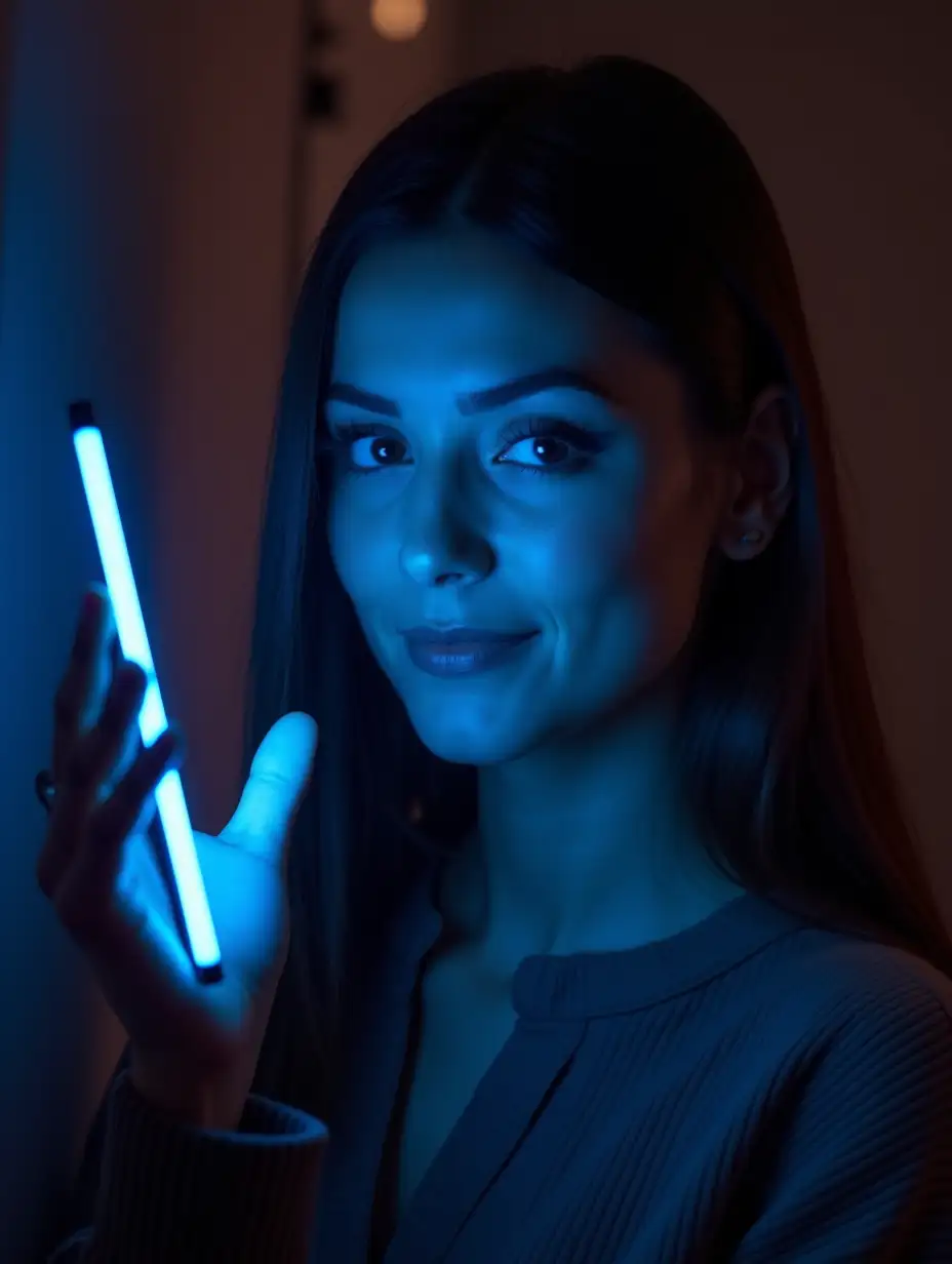 a Iranian woman who is a teacher and holds a mobile in her hand, showing her face with charm, her eyes are bright like neon, and the lightning blue