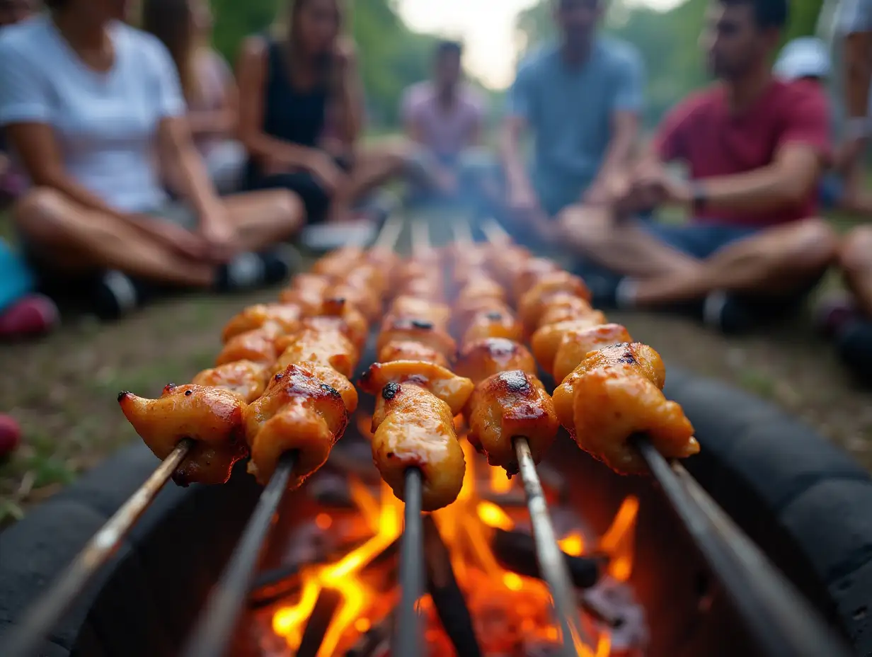 Close-up of grilled chicken skewers cooking over a hot fire, with people in the background enjoying a barbecue gathering.