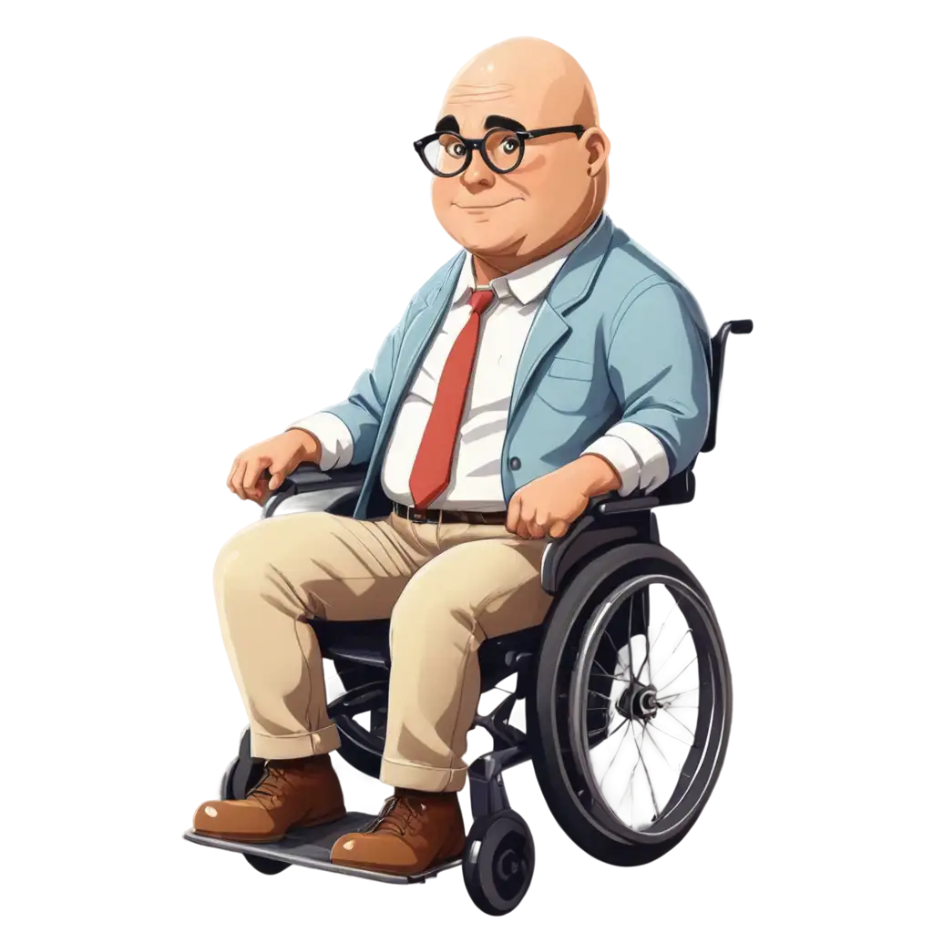 Cartoon-Drawing-of-Chubby-Bald-Adult-Man-with-Glasses-in-Wheelchair-PNG-Image