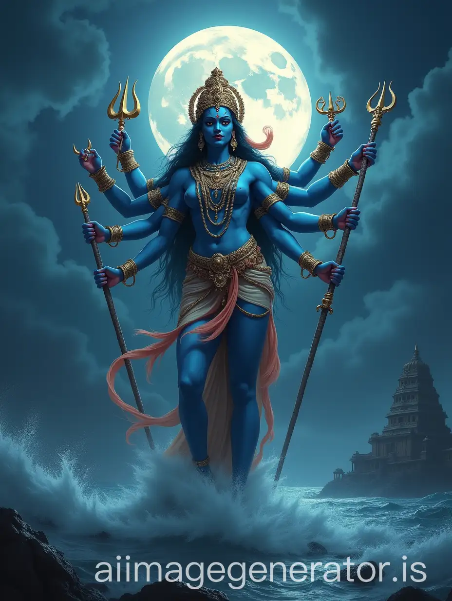 Powerful-Hindu-Goddess-Standing-on-Stormy-Water-with-Tridents-and-Full-Moon