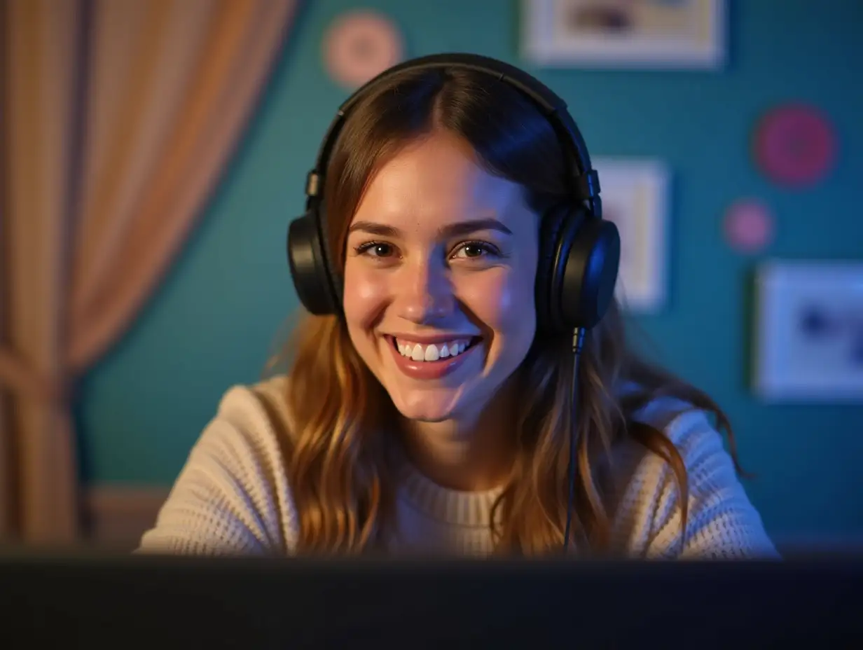 A smiling person in front of a computer with headphones on. background is attractive.