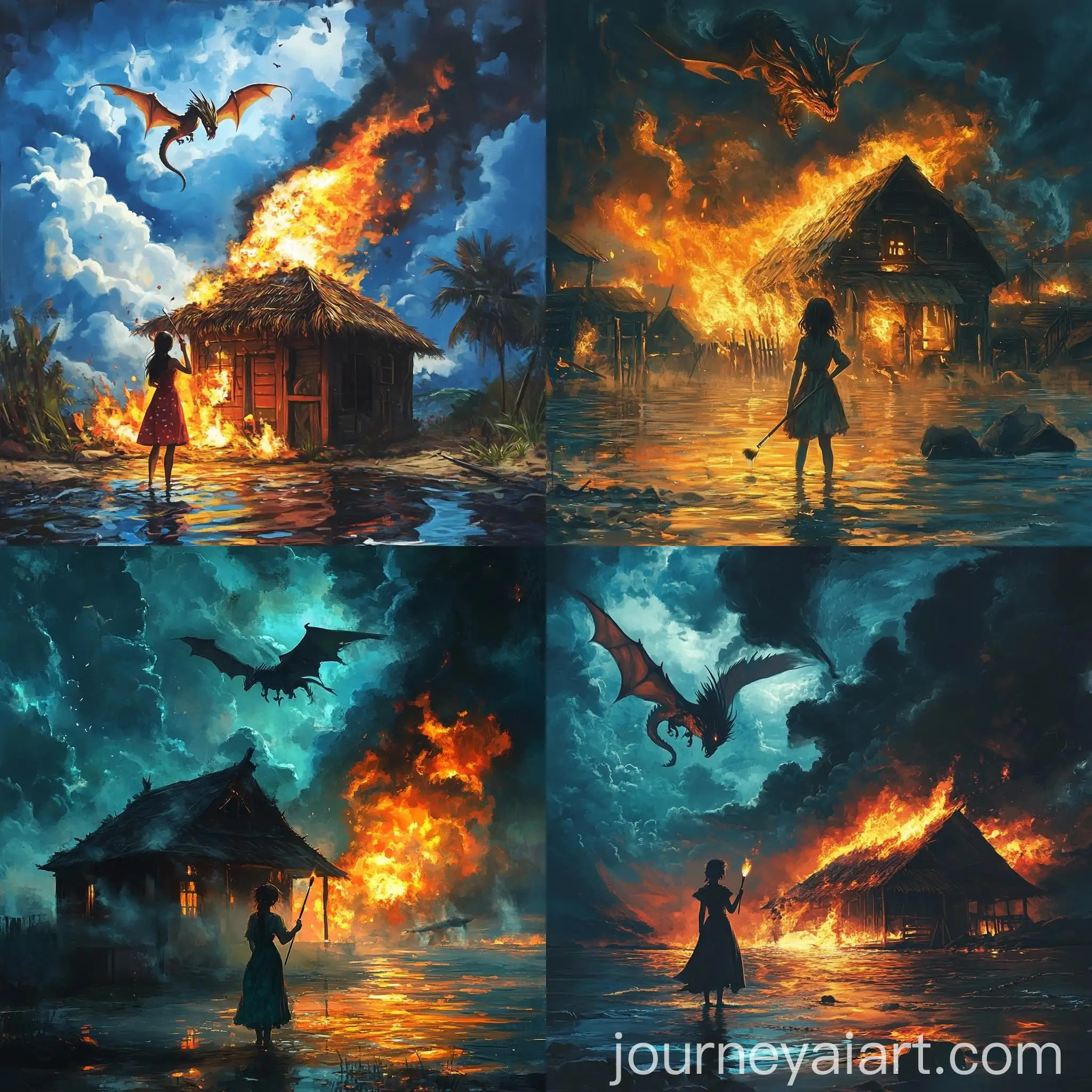 Girl-with-Magic-Brush-Stands-Before-Burning-Hut-and-Dragon
