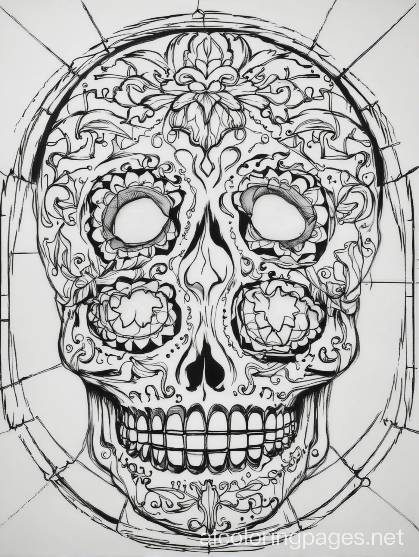 Sugar skull,  ornate, simple stained glass background. Black and white line drawing, white eye sockets, normal shaped mandible and two rows of teeth only, normal number of teeth, one nose only, all facial features accurately positioned and sized, white Halloween background, Simple lines, large shapes, easy for child age 4-6 to color , Coloring Page, black and white, line art, white background, Simplicity, Ample White Space. The background of the coloring page is plain white to make it easy for young children to color within the lines. The outlines of all the subjects are easy to distinguish, making it simple for kids to color without too much difficulty