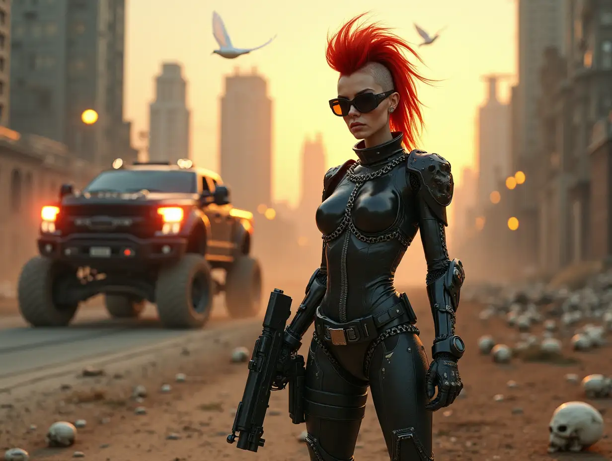 high resolution photo, Wide-angle lens used,  (Beautiful  redhead mohawked cyborg with a womans face and a  robot body,combat boots,  and sunglasses ),  facing front-on, Triangular composition, Dynamic full-length pose, Confident expression, (Armed mercenary), Gun grip, Supporting pose, City background, ruins of futuristic Skyscrapers in the distance, sun setting, street lights illuminating the road, two small white doves above, Sharp contrasts, Bold colors, female mercenary in cool cyberpunk style , realism, post-apocalyptic landscape, sharp focus. empty brass bullet cases  and skulls litter the ground. huge black monster truck covered in chains, spikes and skulls in the distance with headlight on, beams illuminating the dust 