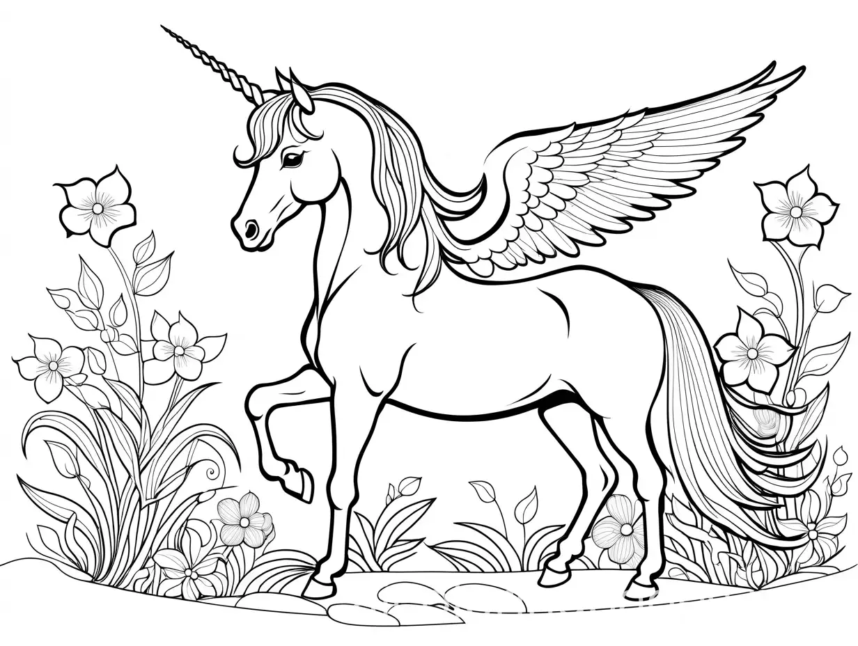 A unicorn with wings smelling the flowers, Coloring Page, black and white, line art, white background, Simplicity, Ample White Space. The background of the coloring page is plain white to make it easy for young children to color within the lines. The outlines of all the subjects are easy to distinguish, making it simple for kids to color without too much difficulty