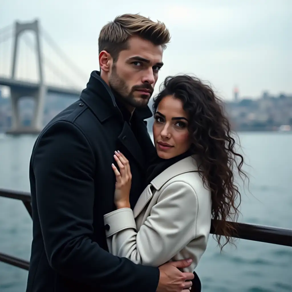 Handsome-European-Man-and-Woman-Embracing-with-Bosphorus-Bridge-in-the-Background