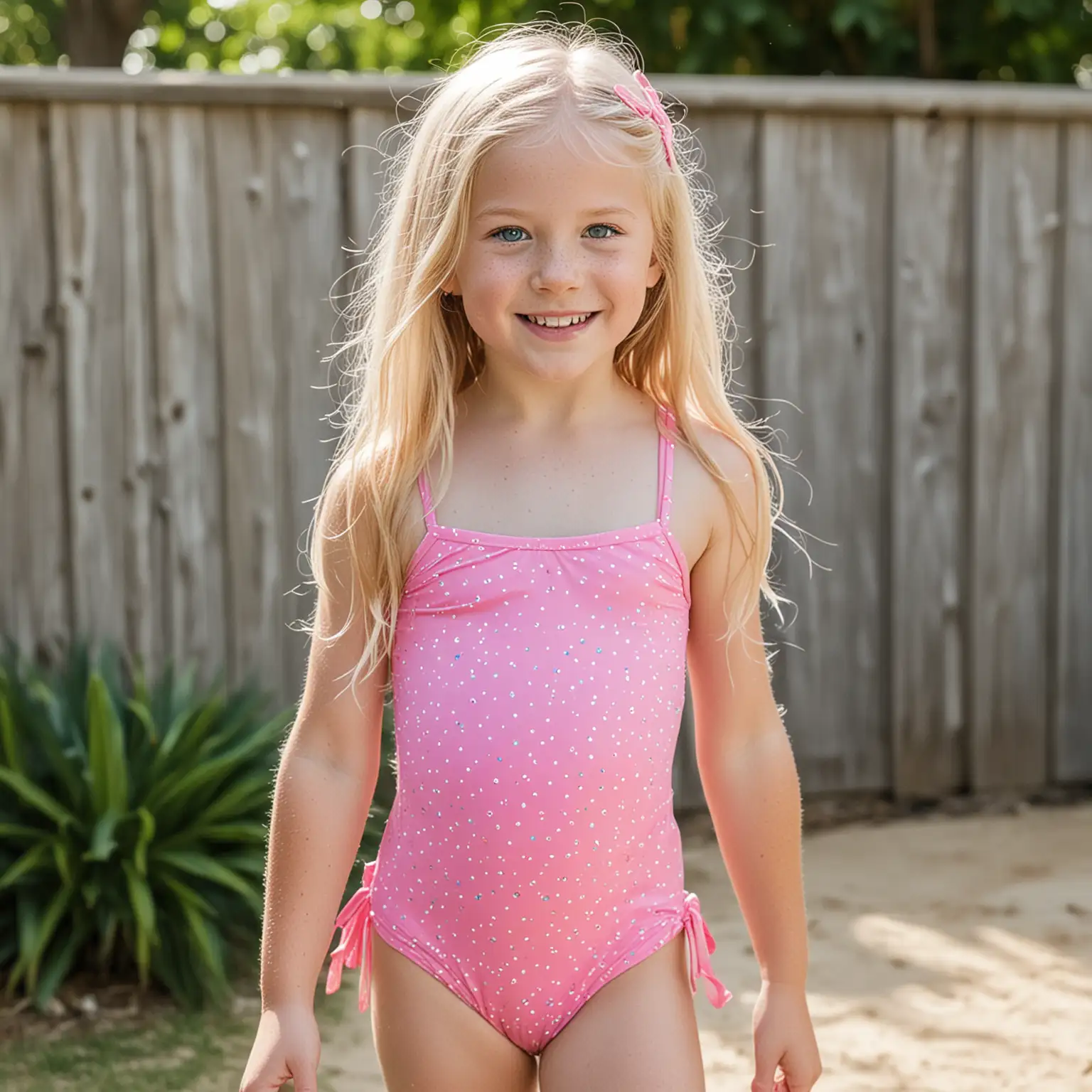 Young-Girl-with-Long-Blonde-Hair-and-Freckles-in-Pink-Swimsuit-Walking-in-Backyard