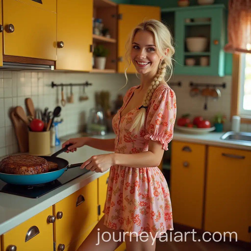 Latina-Woman-in-70sAI-Image-Prompt-ExpansionInspired-Kitchen-Cooking-a-Steak-in-Playful-Mini-Dress