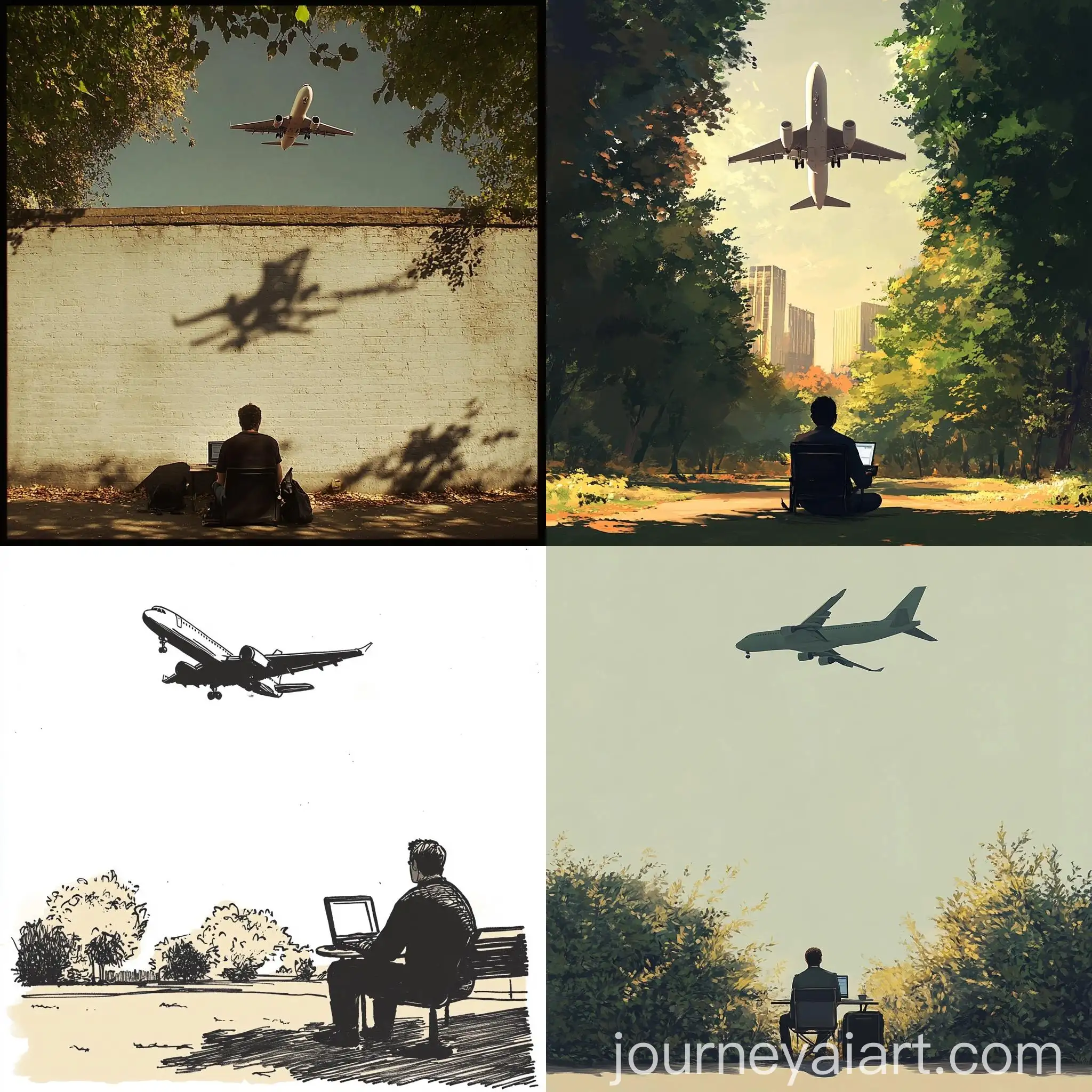 Man-Using-Computer-in-Park-Under-Flying-Airplane