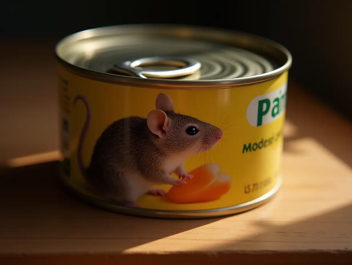 Sealed metal can of pate. On the side of the can you can see an image of an appetizing plump mouse. A beam of light falls on the can, there are light reflections on the can. Photograph.