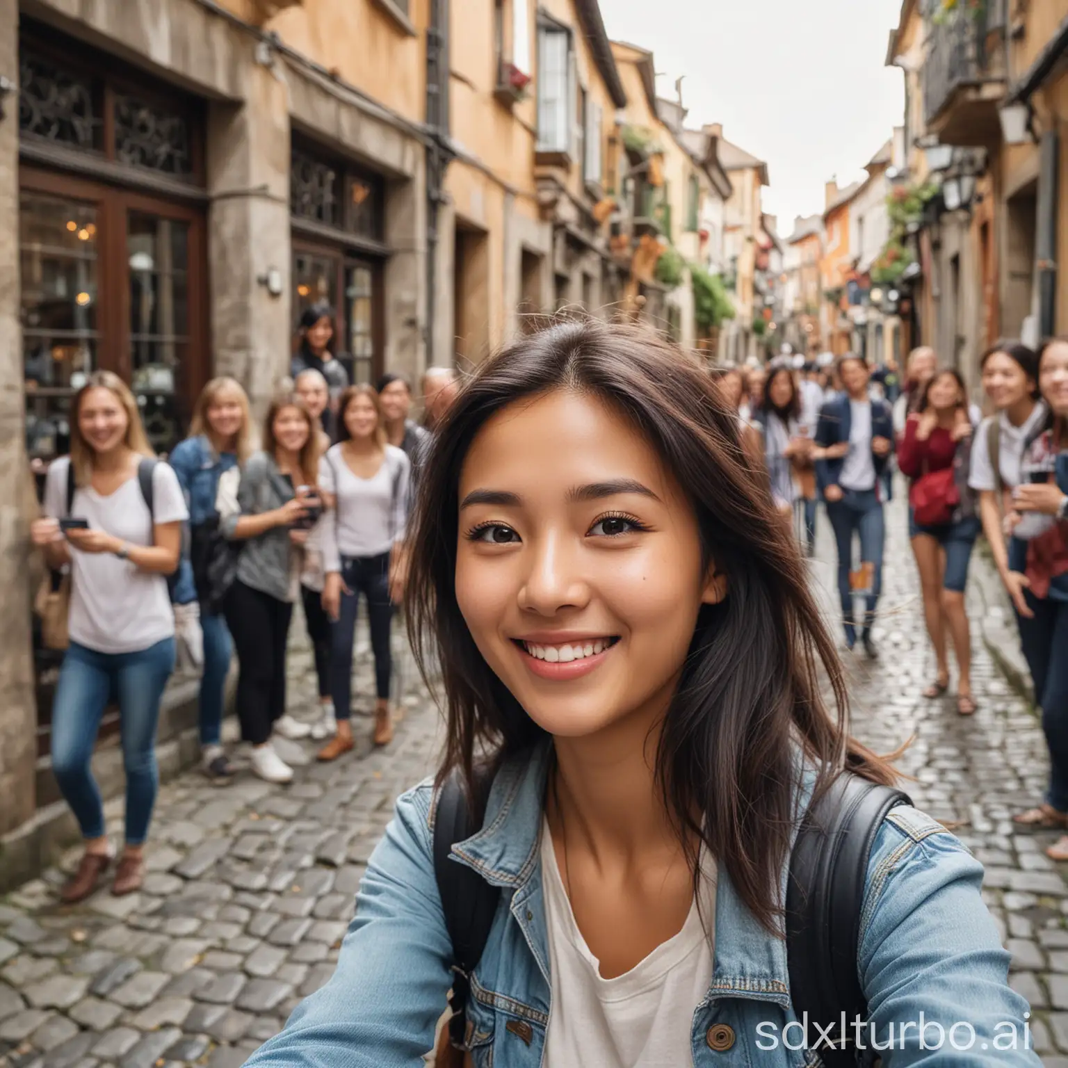 A highly realistic candid photograph of an Asian woman in her late 20s, with natural makeup and casual travel attire (like a light denim jacket and a backpack), taking a selfie with a group of cheerful foreign tourists (diverse ethnicities – Caucasian, Black, Middle Eastern). They're outdoors in a European city — cobblestone street, a cafe in the background, natural daylight, smiling and laughing. The shot should look like a travel vlog moment, handheld selfie angle, with realistic facial expressions, camera blur depth, and vibrant yet natural colors.