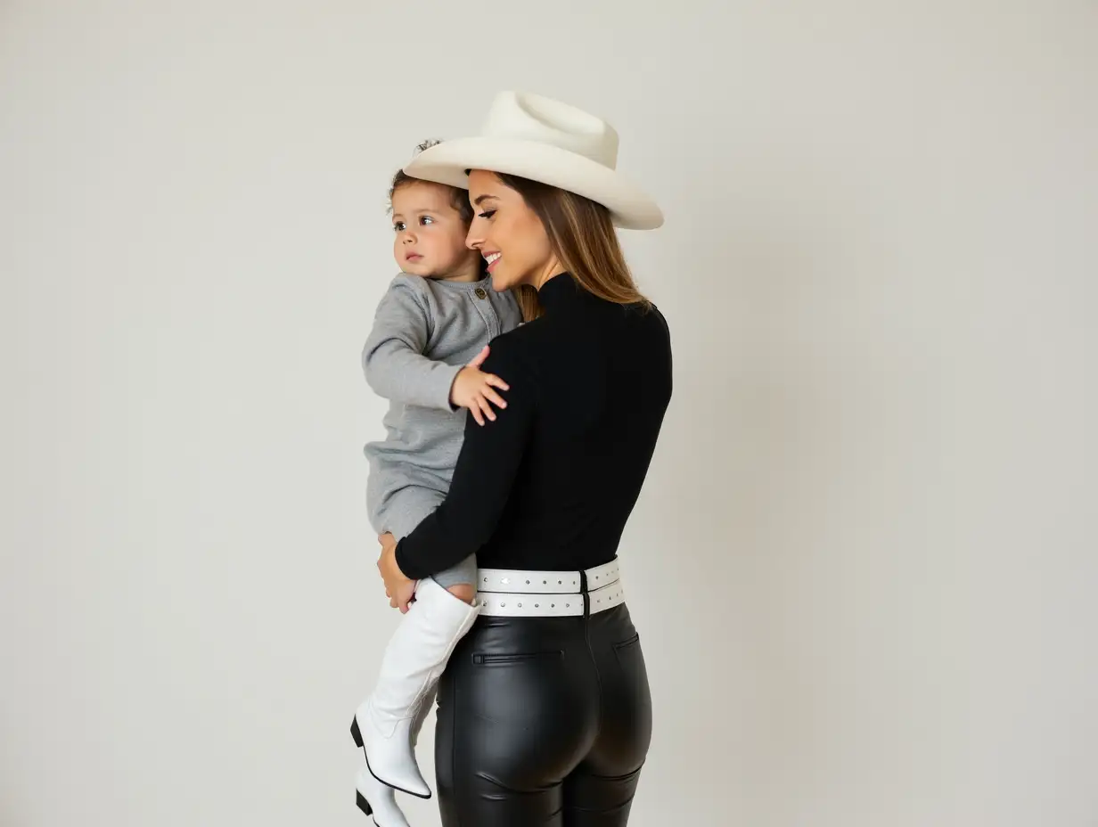 woman wearing a white cowgirl hat, black skintight long sleeve shirt, black leather leggings and white belt and white knee high pointed toe cowgirl boots. Standing still, hip lift carry girl on her arms tightly like a baby.