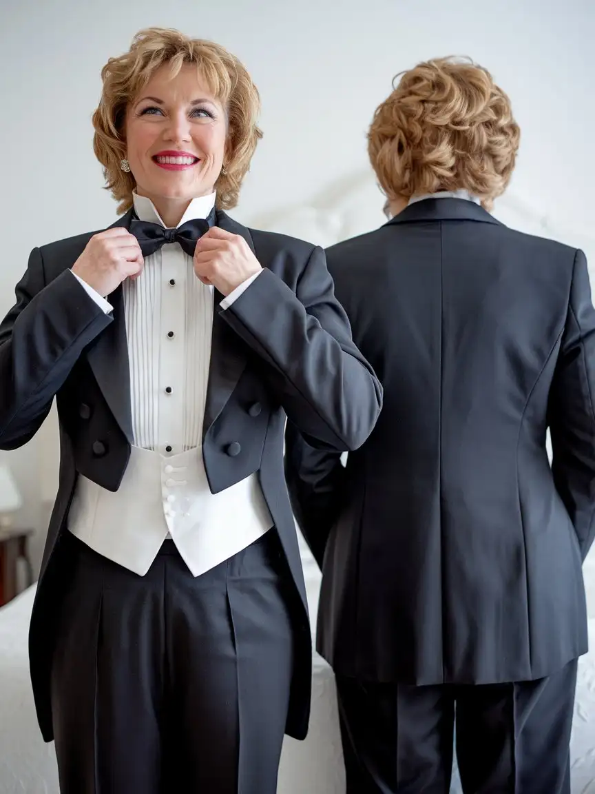 Two matching sweet beautiful middle-aged smiling busty fat obese body type with large wide hips Caucasian white female woman, with short dark blonde tight curly 1980s hair with curly bangs, wearing a very formal orchestra concert tuxedo with black long sleeve high cut cropped Eton jacket, white cropped tuxedo shirt, with tight very high standing Gladstone wingtip collar, and many thick vertical pleats front, black diamond point bow tie with black very thick wide adjustable neckband, black cummerbund, black tight high-cut spandex brief, nylons, one women facing the viewer while tugging on her bow tie while the other woman has her back to the viewer, standing in a white bedroom, full front view.