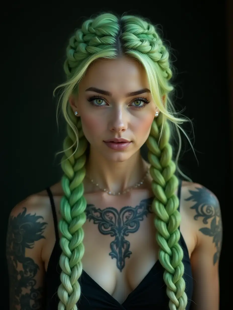 Depiction of a beautiful white woman with tattoo and long mixed green-yellow braided hair in a futuristic style Blurry black background (120mm) shot poster face