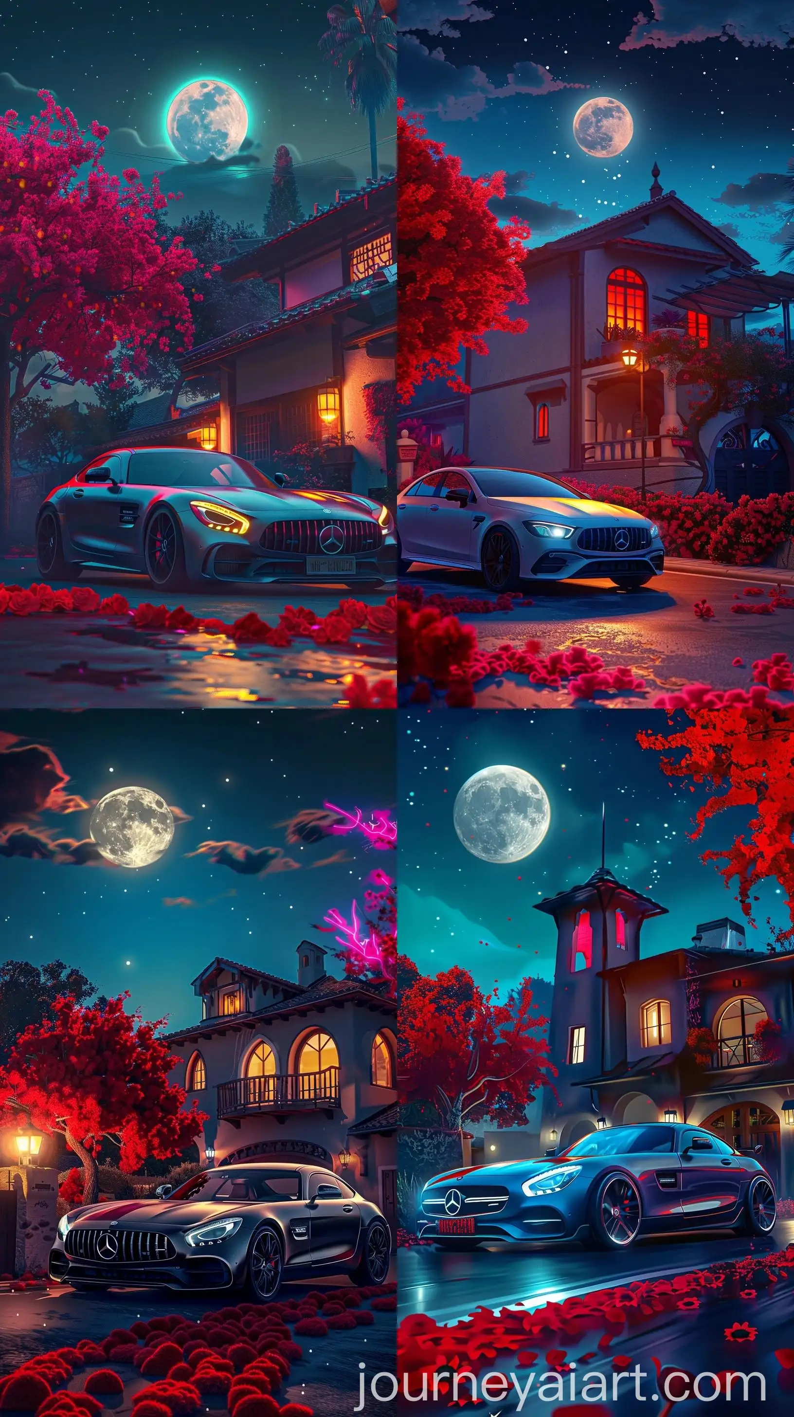 GhibliInspired-Mercedes-Car-at-Night-with-Red-Flower-Tree-and-Neon-Sky