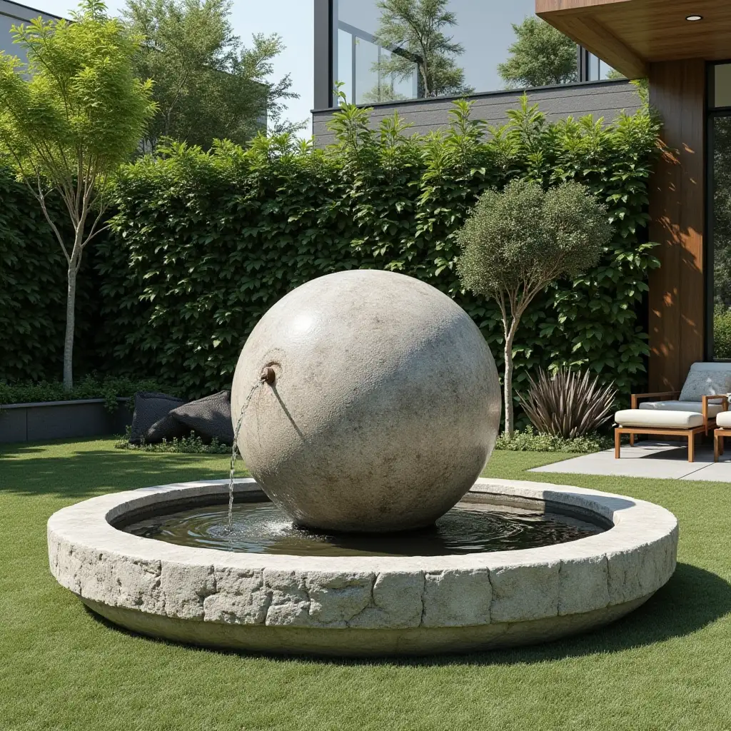 a design for a fountain in a home garden with a 150 kilo stone top sphere that is part of the elements in this design