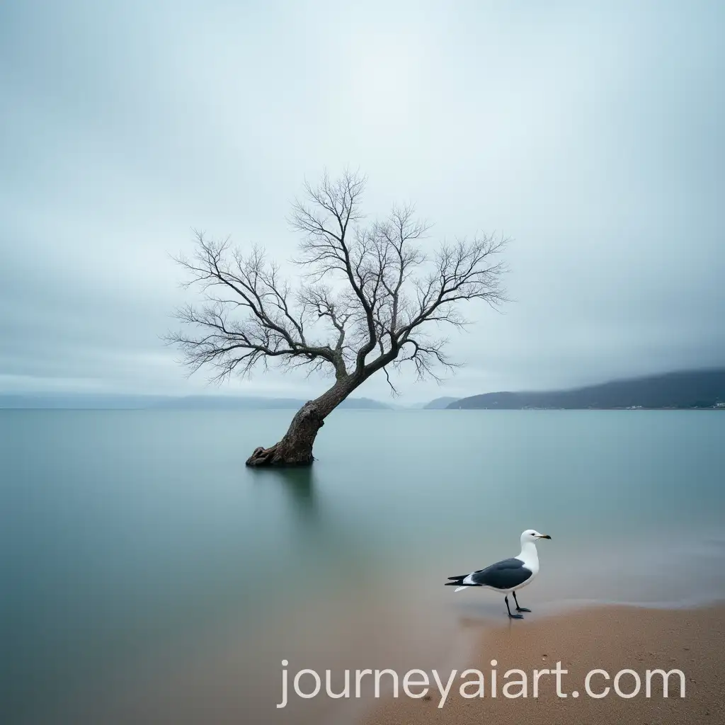Lake-with-Dry-Tree-and-Seagull-on-the-Edge-of-the-Water-Under-Cloudy-Sky