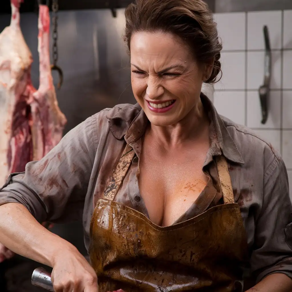 Woman-with-Seductive-Smile-Cutting-Carcass-with-Butchers-Knife