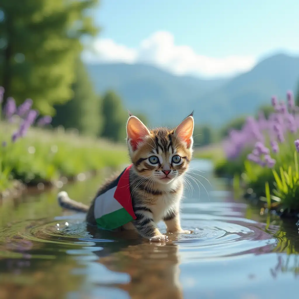 Cute-Kitten-Playing-in-Shallow-Water-with-Nature-Background-and-Palestinian-Flag