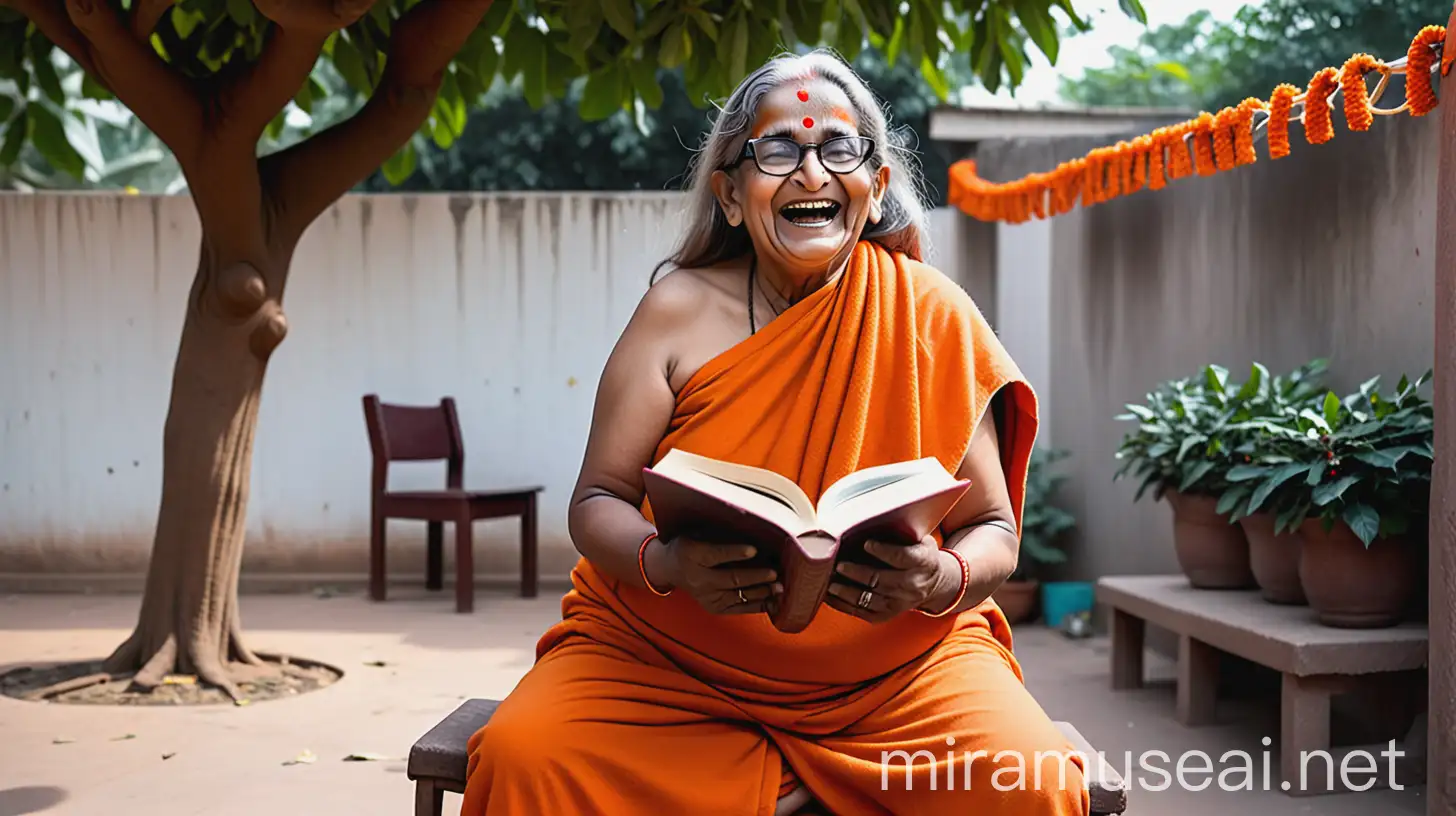 Elderly Hindu Woman Monk Performing Morning Squat Exercise with Holy Book in Ashram Courtyard