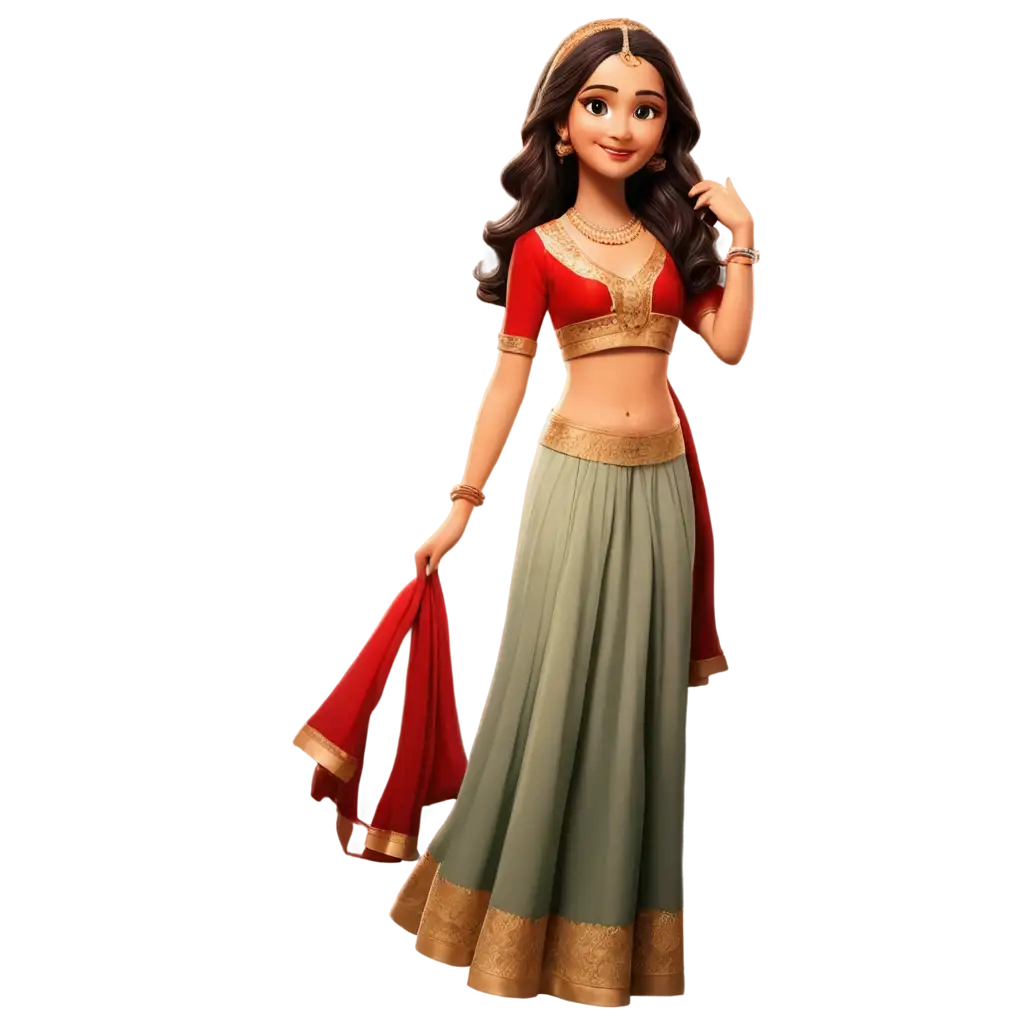 Cartoon-Girl-in-Red-Lehenga-and-Dupatta-PNG-Image-Vibrant-and-Traditional-Cartoon-Illustration