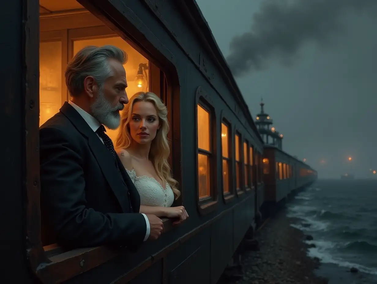 An oil painting man with a grey tidy beard and beautiful woman with long blonde hair are looking from the rear train window of a 1900's steam train, as it slowly moves toward camera, both dressed in typical formal clothing for the time. The background is an ocean with a story night dark gray, creating an atmosphere of mystery and elegance, --s 500 --v 6.0 --style raw --ar 51:91