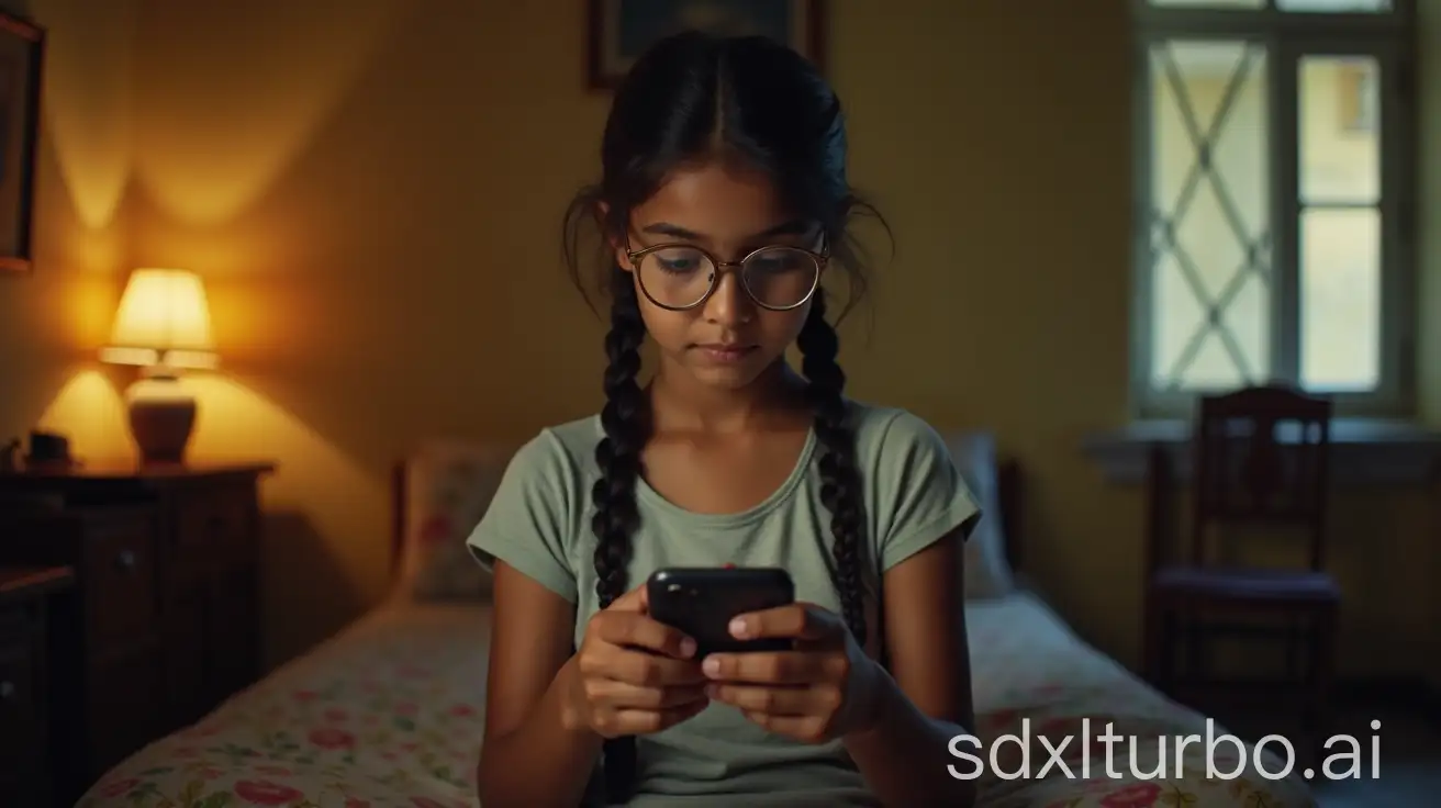 Teenage-Indian-Girl-in-Traditional-Bedroom-with-Smartphone-and-Vintage-Decor