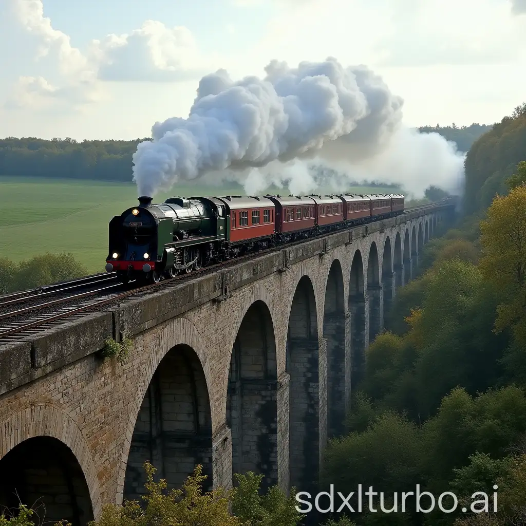 English-Steam-Train-on-a-Long-Viaduct-at-Full-Speed