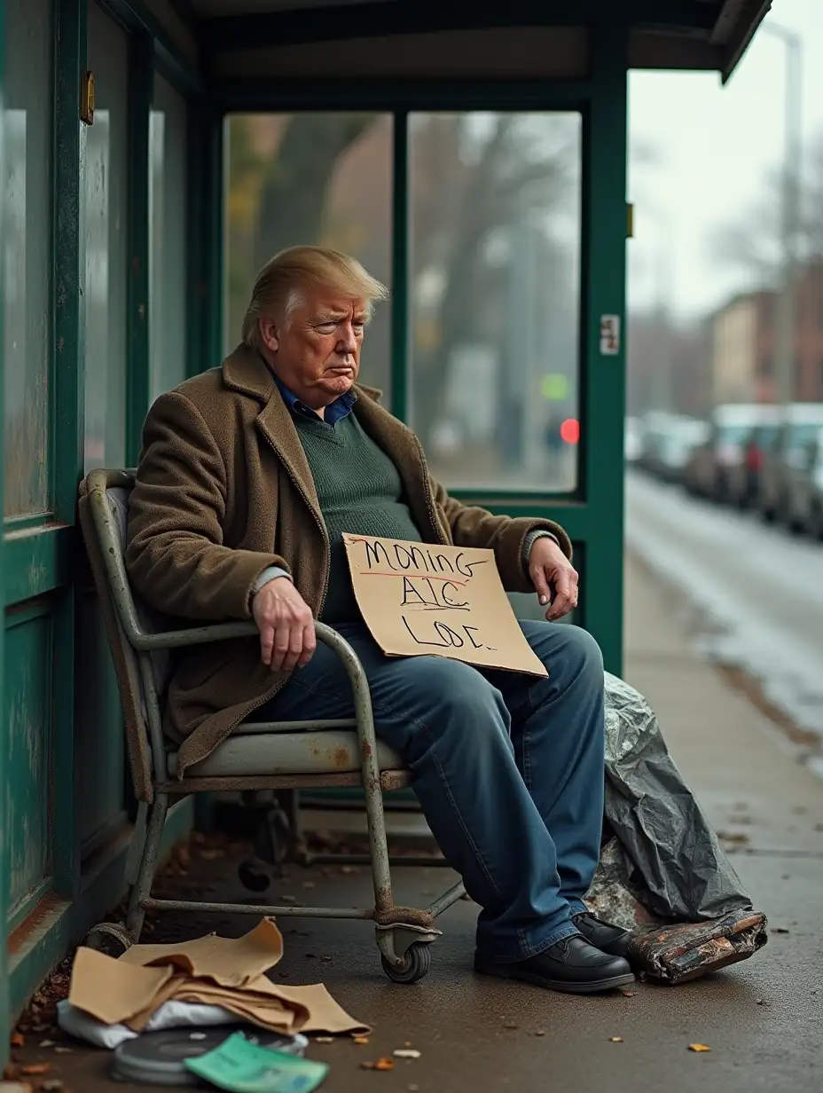 Disheveled-Homeless-Man-Bus-Shelter-Scene-with-Trash-Cart-and-Sign