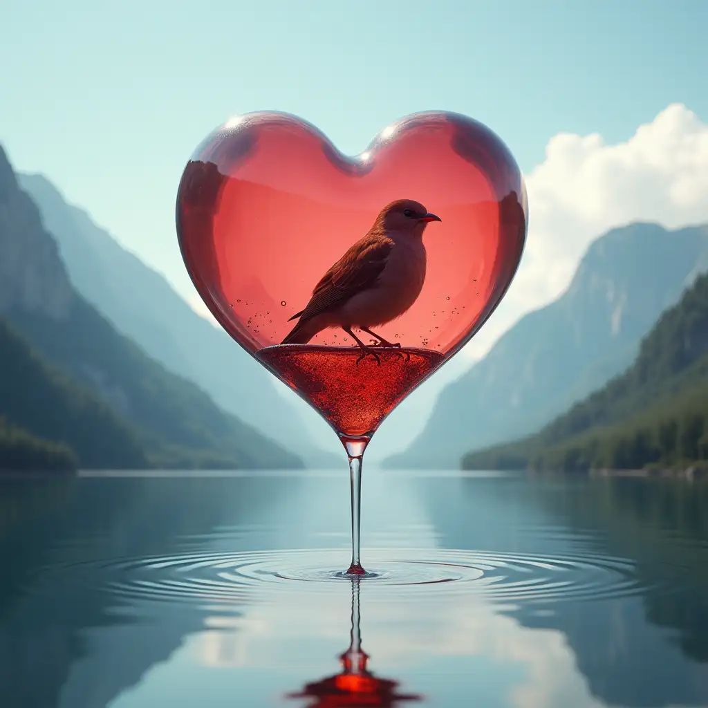 hovering styled reddish semi transparent heart with a live sparrow inside of it heart slowly dripping from a little distance below into a mountain crystal clear water