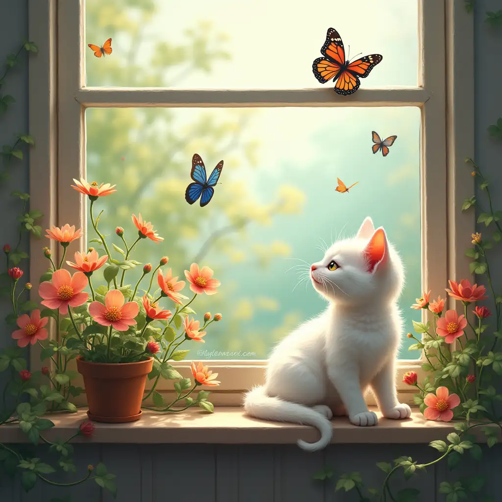 Beside her, a playful little white kitten, its fur soft as snow, nestled contentedly, its tail twitching gently as it watched the butterflies and birds dance in the air outside. The butterflies, their wings kaleidoscopic, fluttered around the vibrant flowers that bloomed on the window sill, while the birds sang a symphony of nature's lullabies.