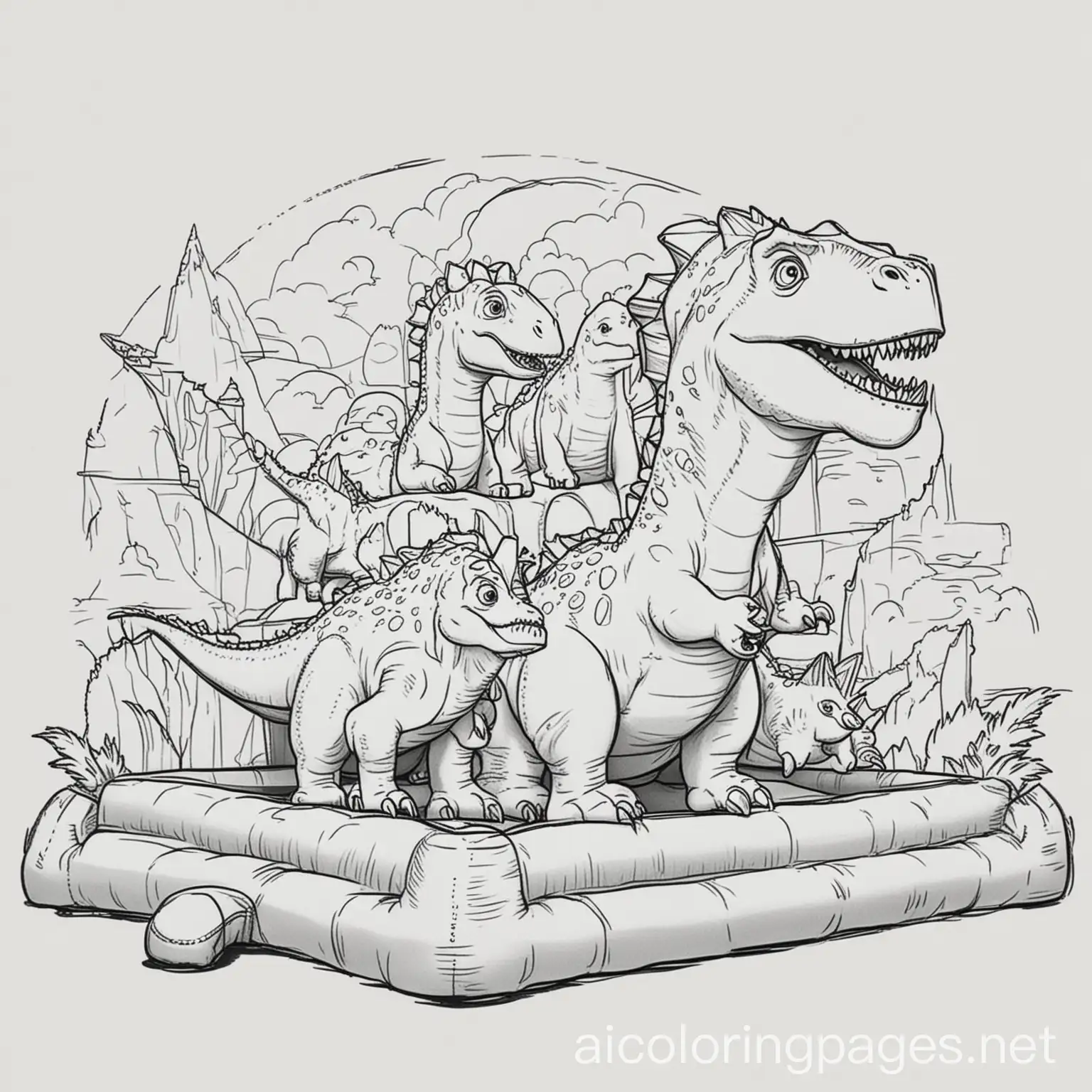 Dinosaurs-Playing-on-Bouncy-Castle-Coloring-Page