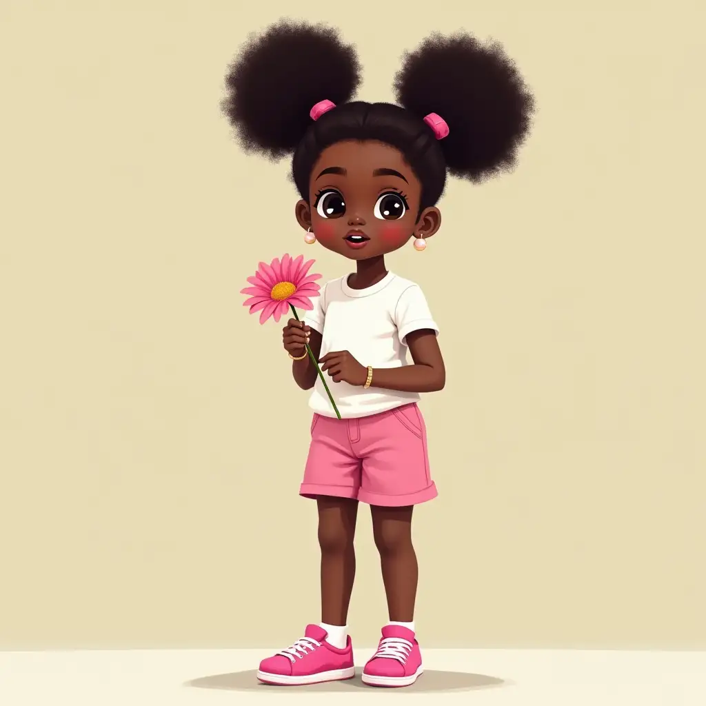 Adorably cute 5 year old African American girl, large afro puffs, pink shorts, white t shirt, pink sneakers, holding a flower