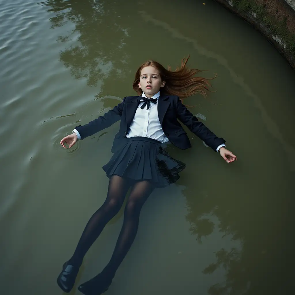 A young schoolgirl in a school uniform, in a skirt, jacket, blouse, dark tights, high-heeled shoes. She is swimming in a dirty pond, lying underwater, all her clothes are completely wet, wet clothes stick to her body, the whole body is underwater, submerged in water, under the surface of the water, below the water's edge.