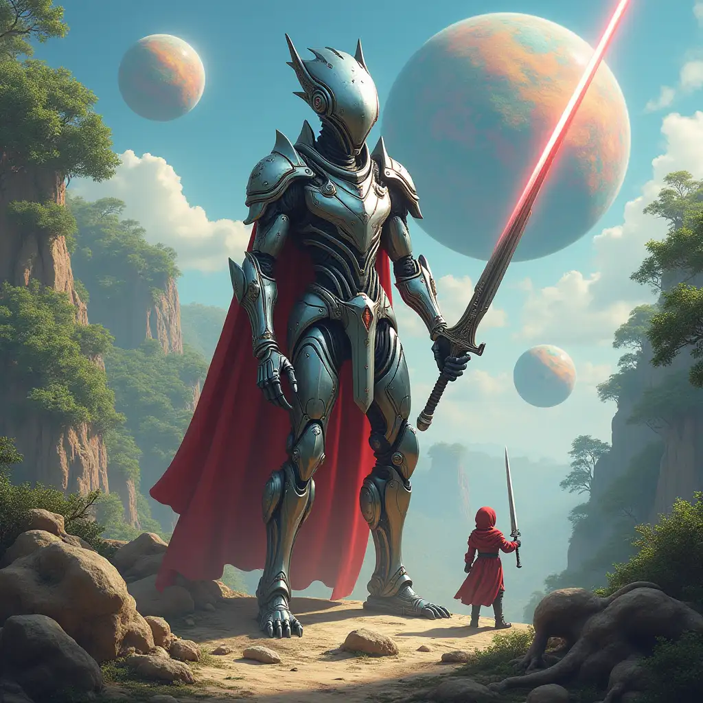 Hyperrealistic portrait of a 10 meter tall armored alien king with laser sword in hand on an island with many different strange creatures. The intricately detailed, colorful forested planets in the background