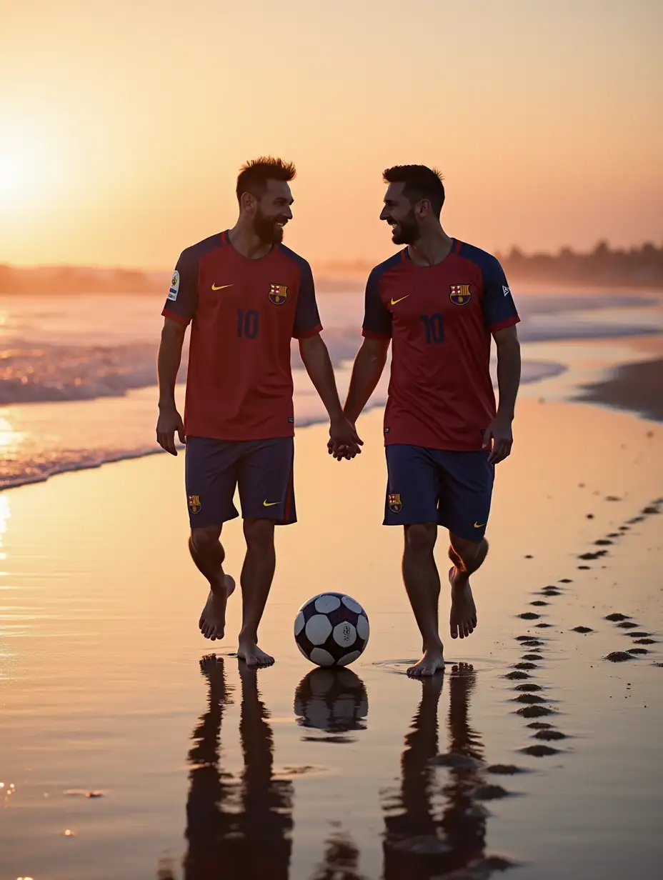 The two players walk side by side, leaving footprints in the wet sand. Messi gestures animatedly, telling a story, while Ronaldo laughs heartily, his hand briefly resting on Messi’s shoulder. The football rolls between them as they take turns nudging it forward with their bare feet. The orange and pink hues of the sunset stretch across the sky, mirrored in the glistening shoreline.