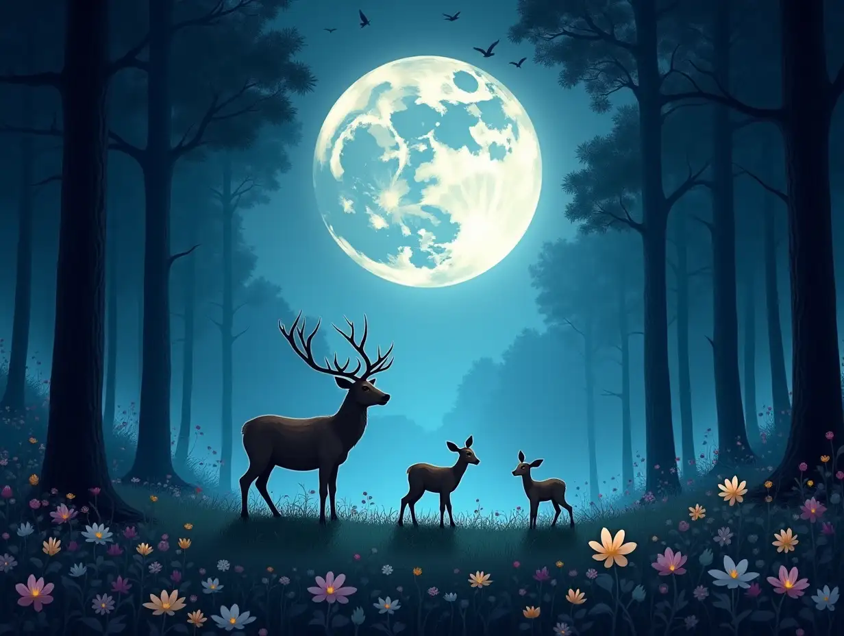 Magical-Nighttime-Forest-with-Deer-Family-Under-Full-Moon