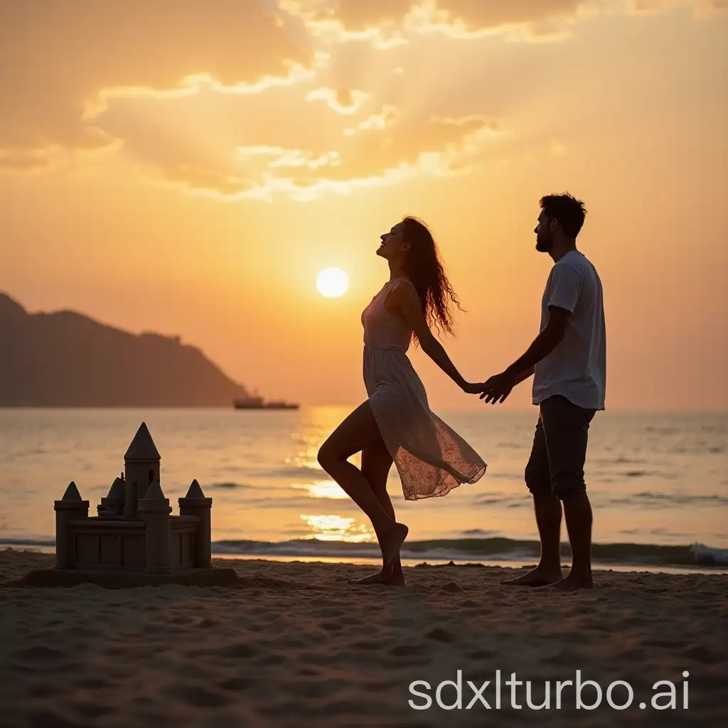 A woman dancing at the beach in the evening while a man is watching her with love. There is a small sand castle built by them on their left and a stone mandala built by them on their right.