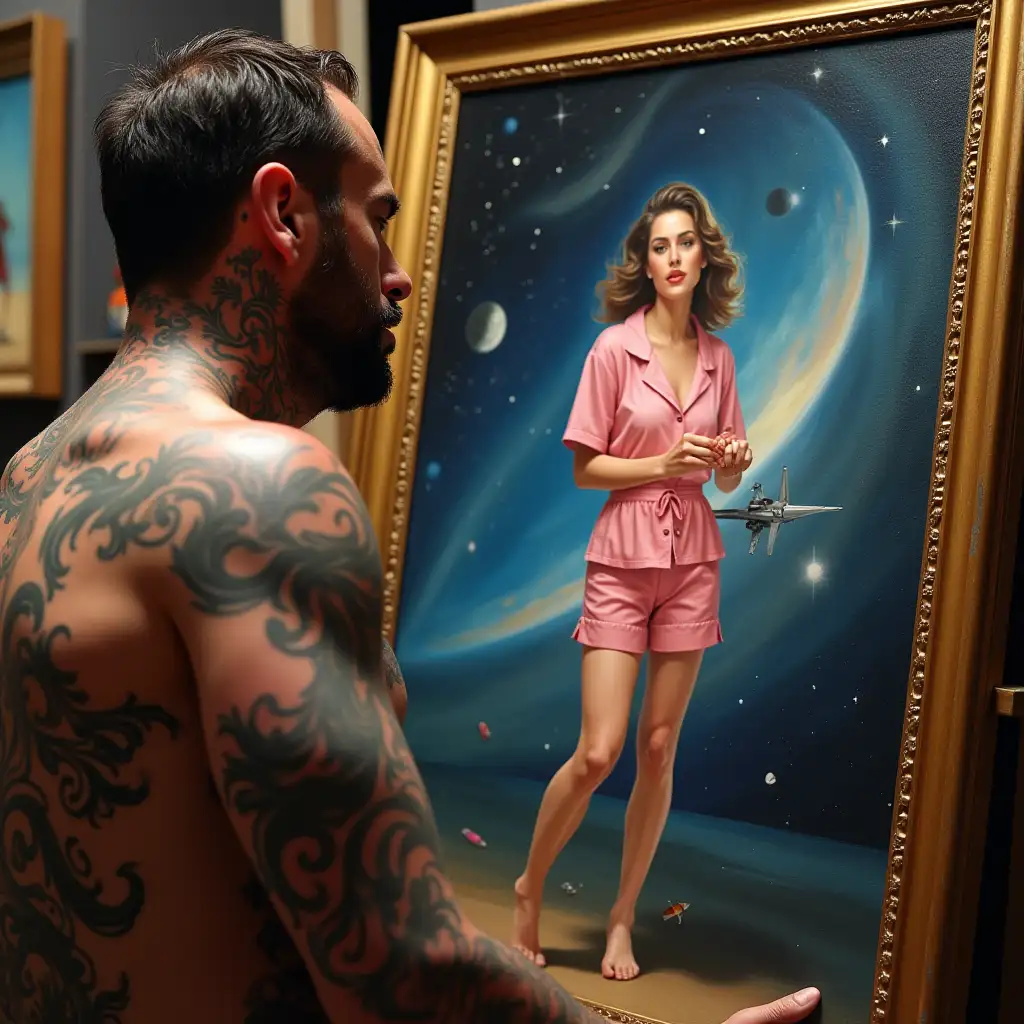 An artist covered in tattoo starring at his painting of a woman dressed in pajamas in space