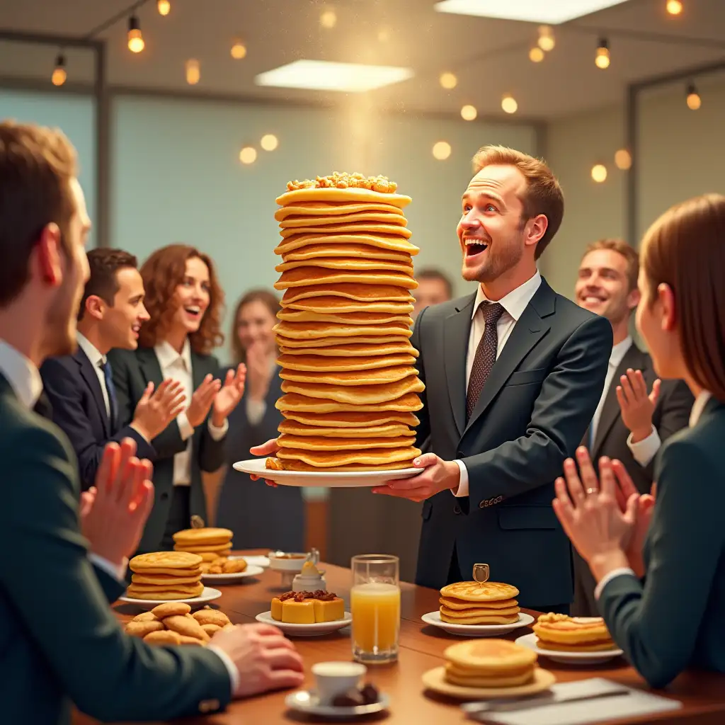 Bright and festive image of traditional Russian Maslenitsa. A psychologist in a business suit brings a huge stack of golden pancakes to the office. People meet him, applaud and are happy. The room is decorated, there are pancakes and treats on the tables.   Style of the image - realism  emphasis on details and atmosphere of celebration.