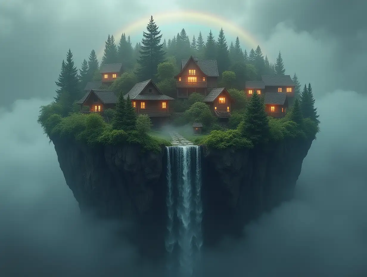 Create a globe where from its upper half there are many houses with lanterns, forest waterfall coming out and with gray sky with fog and rainbow