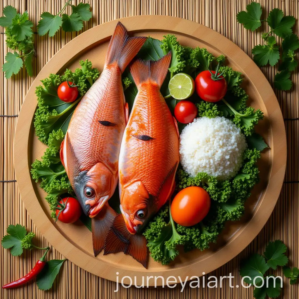 Bamboo-Mat-DesignAI-Image-Prompt-Expansion-Featuring-Fresh-Fish-Vegetables-and-Rice-for-Restaurant-Display