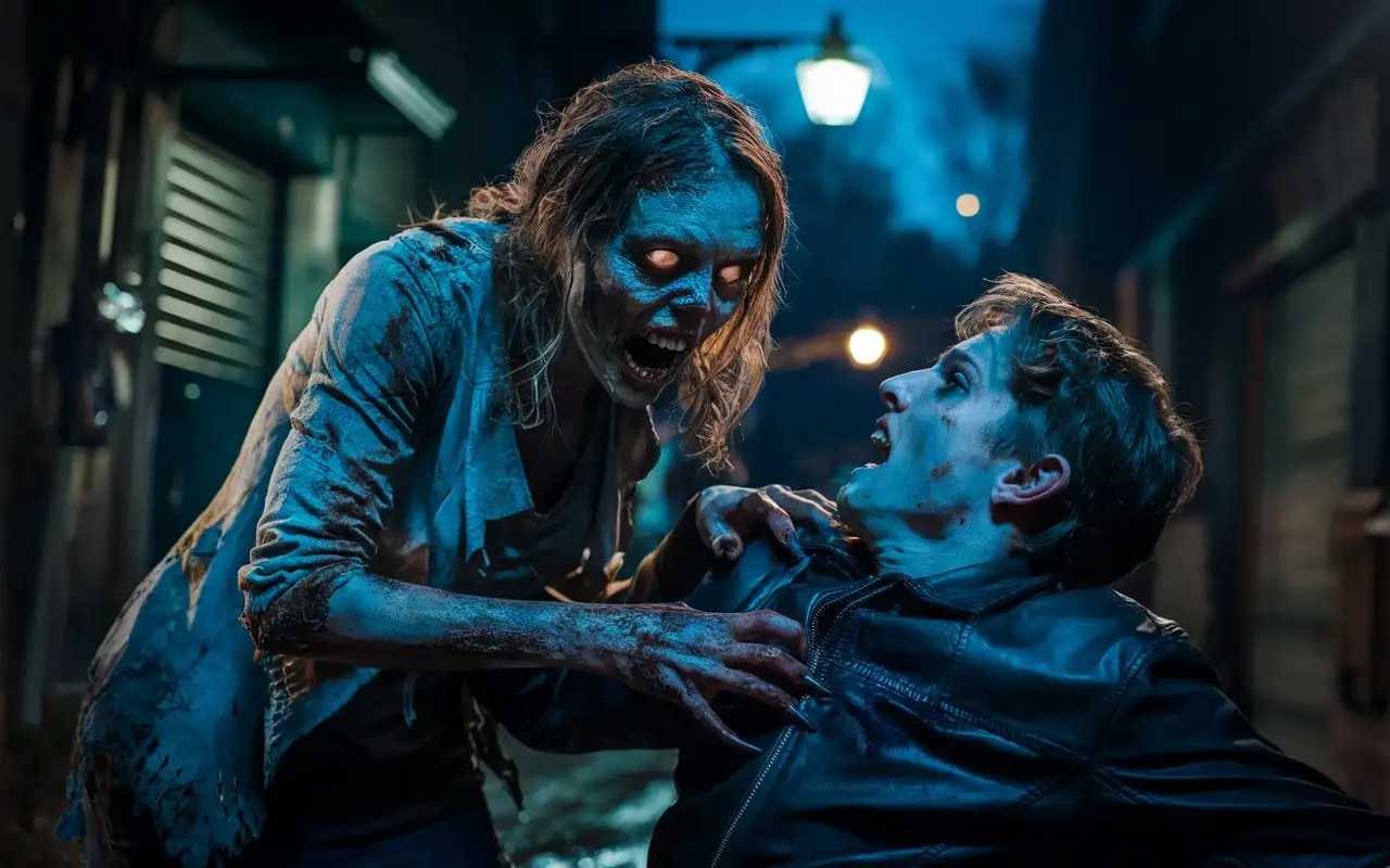 Zombie-Woman-Attacks-Young-Man-in-Dark-Urban-Alley-at-Night