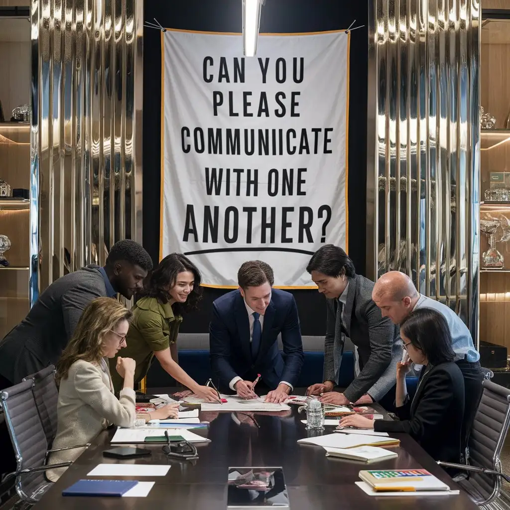 Busy Office Scene with Can You Please Communicate Banner