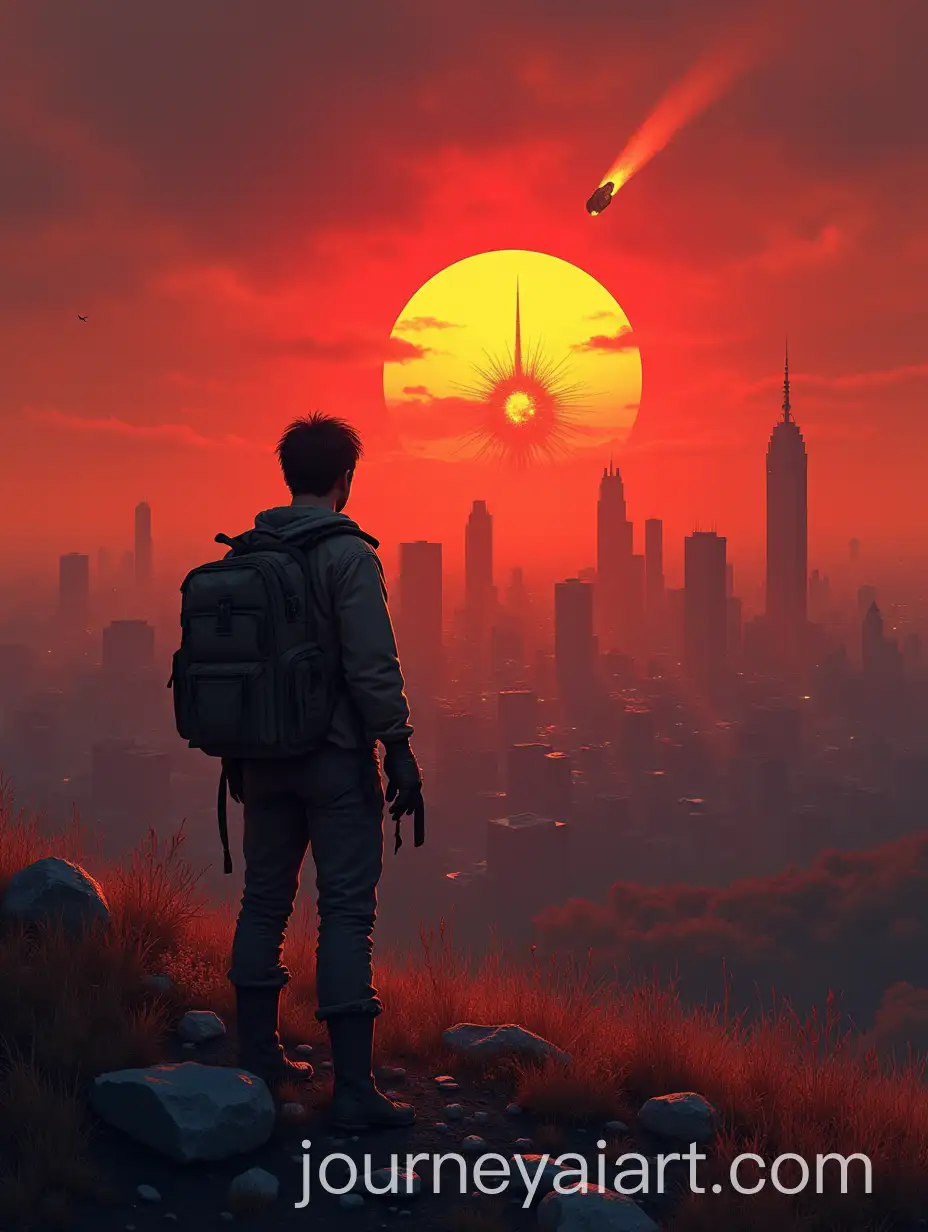 Adventurer-in-Rocky-Grassland-with-PostApocalyptic-Boston-Skyline-and-Sunset-View