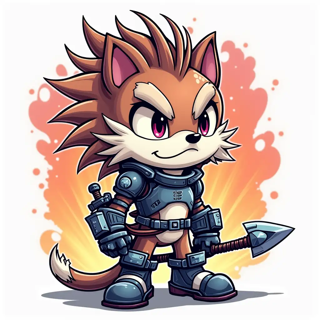 Create a hand-drawn cartoon-style PFP NFT similar to Ninja Squad Official. Profile picture. This is a battle hedgehog with a charismatic facial expression, detailed fur, and stylish accessories. It wears futuristic armor with cyberpunk elements, and a small weapon or a cold blade is visible behind its back. The background is simple but features dynamic color accents to highlight the character’s personality. The main emotions should be confidence, boldness, and readiness for battle. The style includes clean outlines, soft shadows, and vibrant colors.