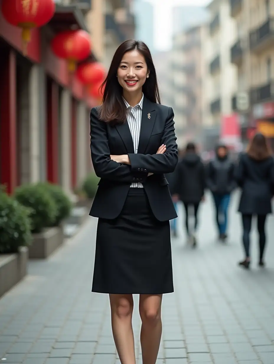 She is a Chinese female charismatic cult leader. She stands on street and smiling on you. She appears professional, formal with skirt and shoes. She builds rapport by looking at your eyes.