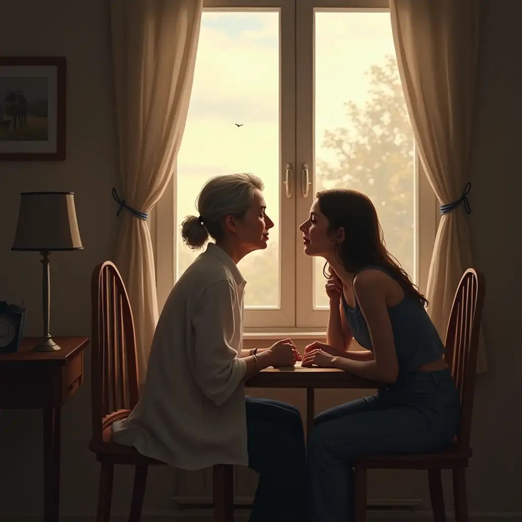 grandmother sits by the window, and youngsters are kissing behind the window