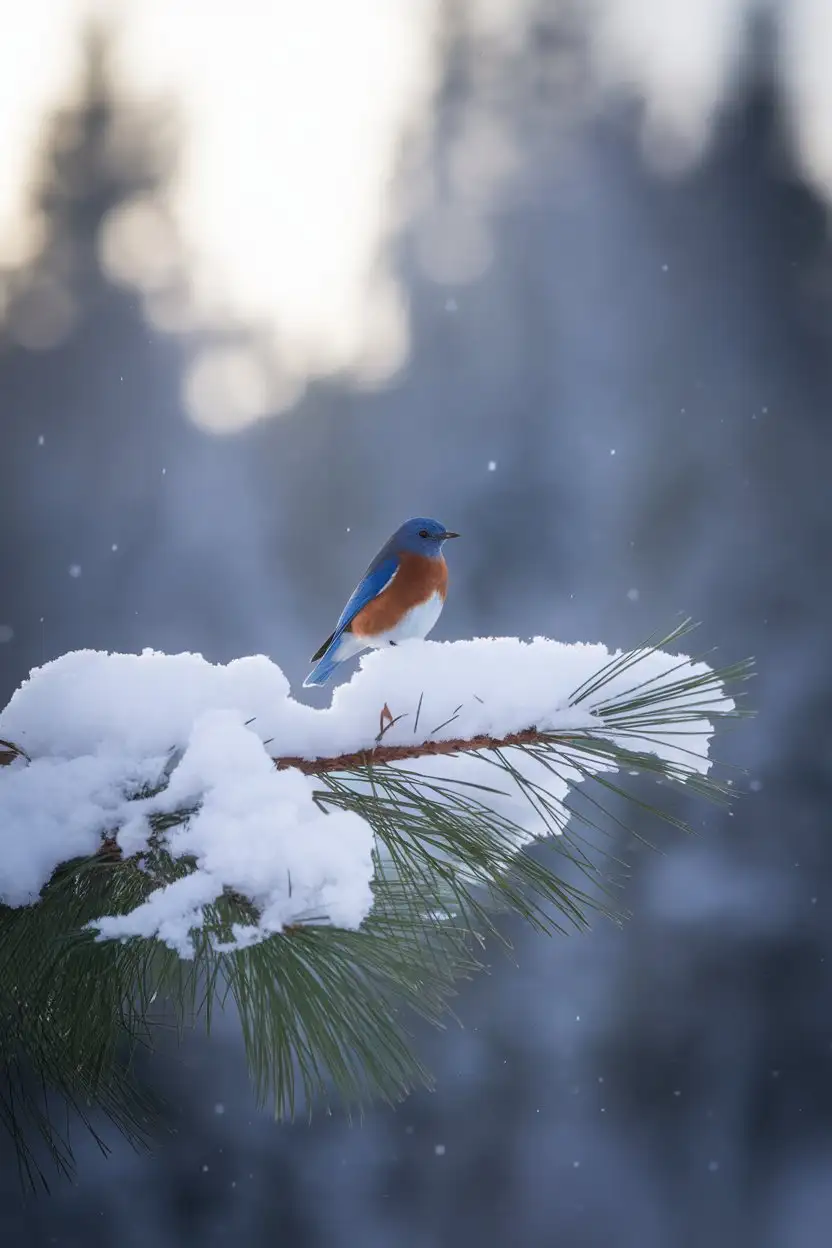 A single Mountain Bluebird perched on a snow-covered branch of a pine tree. The background should be a softly blurred snowy forest scene with hints of muted sunlight breaking through the clouds. The bluebird's vibrant blue plumage should stand out sharply against the white snow and the dark green of the pine needles. Capture the delicate details of the snowflakes on the branch and the bird's feathers